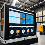 **

A modern, bustling logistics warehouse in the Middle East. Focus on AI-powered systems: robots sorting packages, a large screen displaying real-time demand predictions (maybe with Arabic script), and IoT sensors attached to shipments. Showcase efficiency and technology.
**