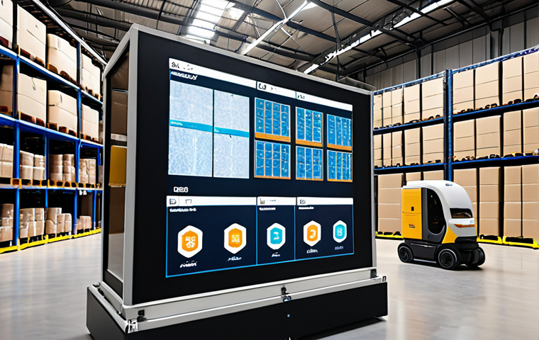**

A modern, bustling logistics warehouse in the Middle East. Focus on AI-powered systems: robots sorting packages, a large screen displaying real-time demand predictions (maybe with Arabic script), and IoT sensors attached to shipments. Showcase efficiency and technology.
**