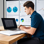 A highly focused professional male student, wearing a modest, dark business casual polo shirt and slacks, deeply engrossed in study at a sleek wooden desk in a contemporary, brightly lit office space. He is diligently preparing for a logistics management specialist exam, with a laptop displaying a complex supply chain diagram, several opened textbooks on logistics, and a notepad with detailed mind maps. His expression is determined and thoughtful. The background shows a modern, organized workspace. safe for work, appropriate content, fully clothed, professional, perfect anatomy, correct proportions, natural pose, well-formed hands, proper finger count, natural body proportions.