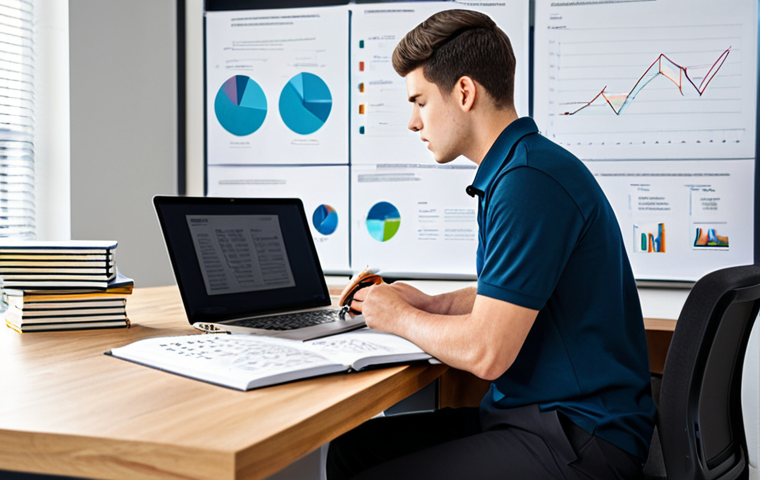 A highly focused professional male student, wearing a modest, dark business casual polo shirt and slacks, deeply engrossed in study at a sleek wooden desk in a contemporary, brightly lit office space. He is diligently preparing for a logistics management specialist exam, with a laptop displaying a complex supply chain diagram, several opened textbooks on logistics, and a notepad with detailed mind maps. His expression is determined and thoughtful. The background shows a modern, organized workspace. safe for work, appropriate content, fully clothed, professional, perfect anatomy, correct proportions, natural pose, well-formed hands, proper finger count, natural body proportions.