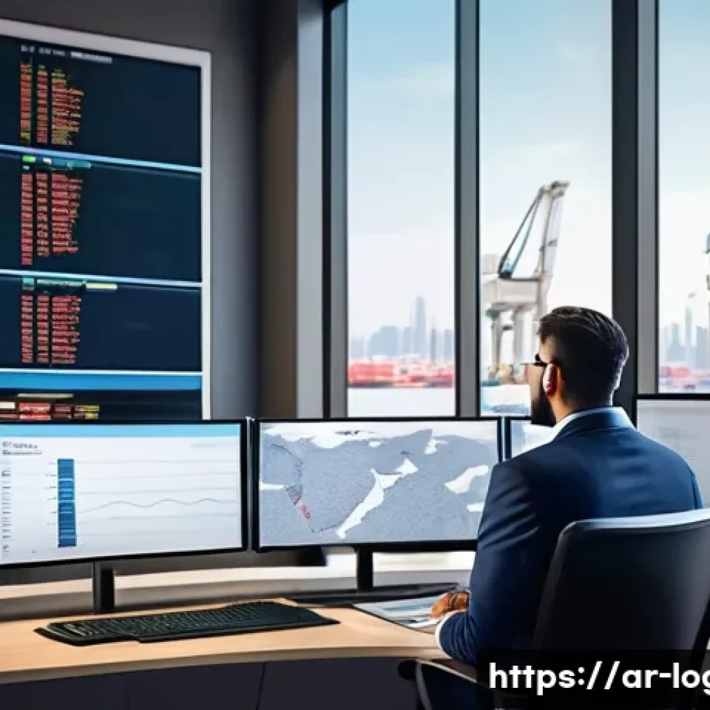 물류관리사의 하루 일과 - A detailed scene of a logistics manager in a modern Middle Eastern office, overseeing digital shipme...