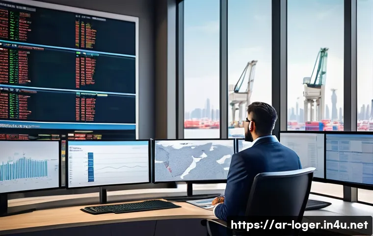 물류관리사의 하루 일과 - A detailed scene of a logistics manager in a modern Middle Eastern office, overseeing digital shipme...