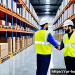 물류관리사 물류창고 운영 방법 - A modern warehouse interior designed for an Arabic-speaking logistics company, showcasing neatly org...