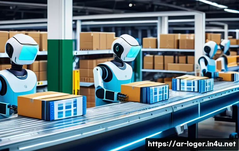물류관리사와 글로벌 트렌드 - A modern logistics warehouse scene showcasing advanced robotics and automation technology at work: s...