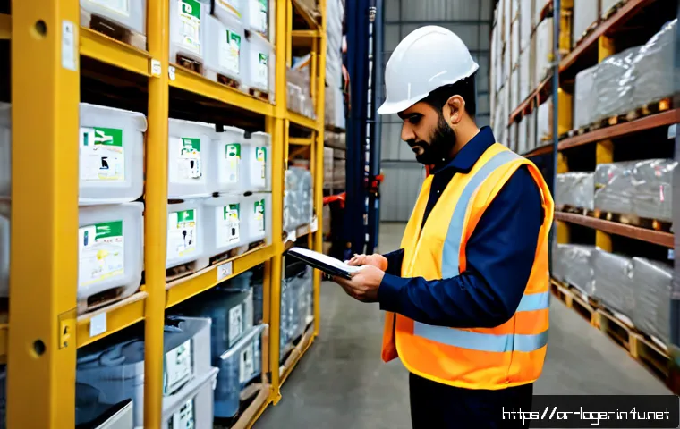 물류관리사 위험물 물류 관리 - Photorealistic Arab logistics manager in modest professional attire and safety vest inspecting seale...